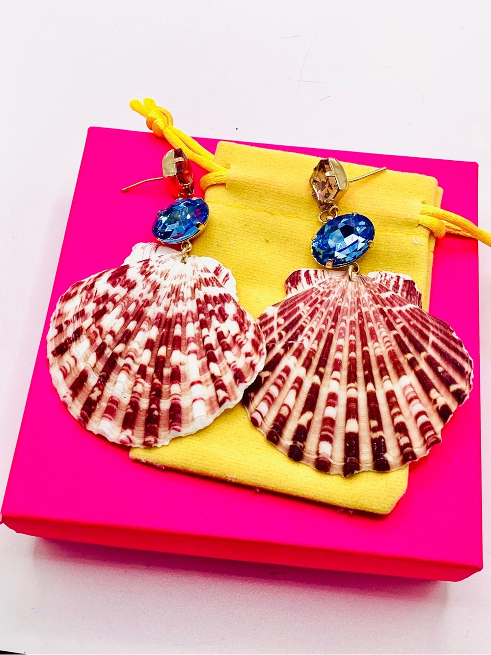Boutique Blue and Maroon Shell Drop Earrings with Blue CZ crystals